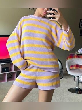 Striped knit shorts and sweater set, yellow and purple
